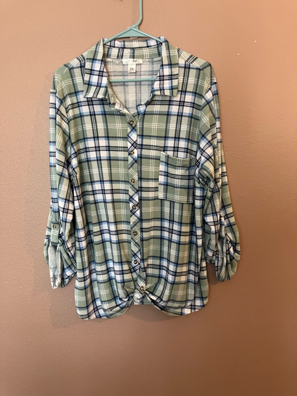 just be Green and White Plaid Button-Down Shirt